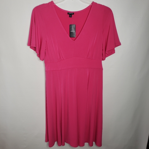 Torrid Skater Dress Pink Stretchy Flutter Sleeve V-Neck Size 00 M/L  NWT - Picture 5 of 16